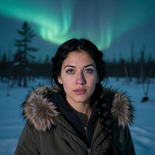 Photograph of a young woman with blue eyes, black hair, and fair skin, wearing a winter coat with fur-trimmed hood, standing in