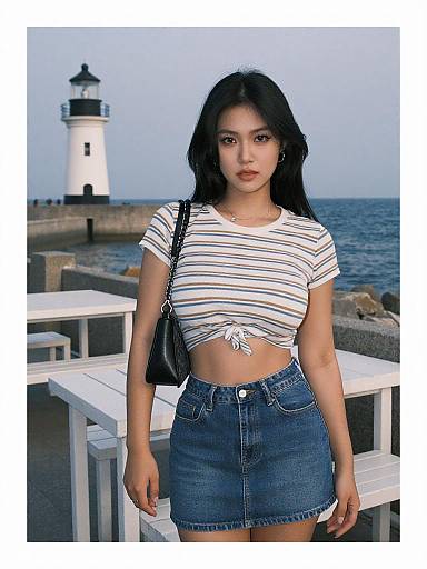Photograph of an Asian woman with long black hair, wearing a white striped crop top and blue denim skirt, standing by a lighthouse and white benches