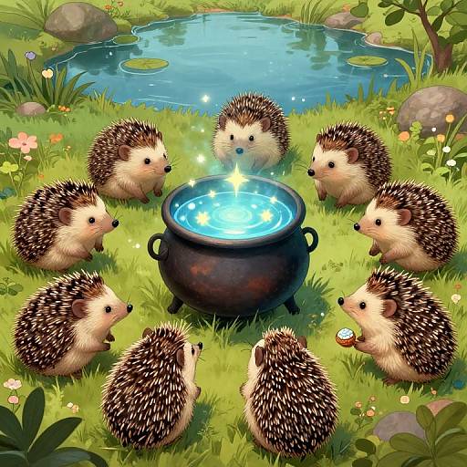 Digital illustration of six cute hedgehogs gathered around a glowing cauldron in a vibrant, lush garden with a pond.