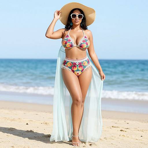 Photograph of a curvy woman with dark skin, wearing a floral bikini, wide-brimmed straw hat, white sunglasses, and a sheer white