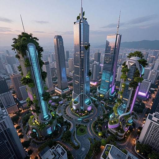 Digital CGI of a futuristic cityscape at dusk featuring illuminated, towering skyscrapers with neon lights, greenery, and winding roads.
