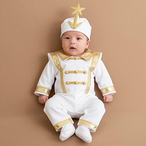 Photograph of a baby wearing a white and gold military-style outfit with a star-topped hat, sitting against a plain beige background.