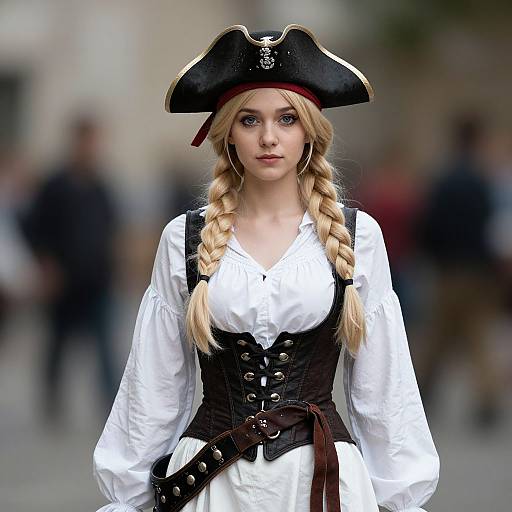 Photograph of a blonde woman in a white dress and black corset, wearing a tricorn hat, with braided hair, standing in a blurred