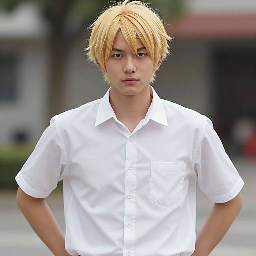 Photograph of an Asian young man with blonde, messy hair, wearing a crisp white short-sleeve button-up shirt, standing outdoors with hands on