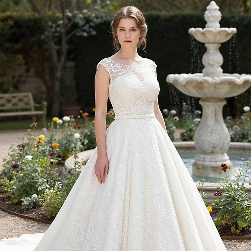 Photograph of a fair-skinned woman with brown hair in an elegant white lace wedding dress, standing in a sunlit garden with a stone fountain and