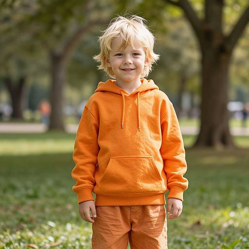 Smiling Boy in Orange Hoodie in Park
