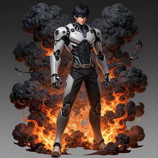 Digital anime-style illustration of a muscular, black-haired man in white and black cyber armor standing amidst flames and dark smoke.