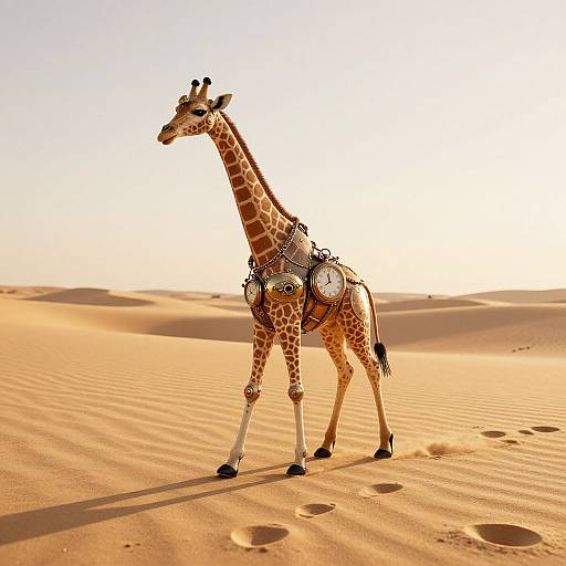 Photograph of a giraffe with saddle and harness walking in a sunlit, sandy desert with ripples and footprints.