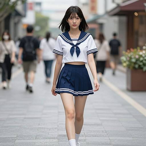 Digital anime-style photograph of an Asian girl in a navy blue and white schoolgirl uniform walking down a bustling city street with blurred pedestrians in the background.