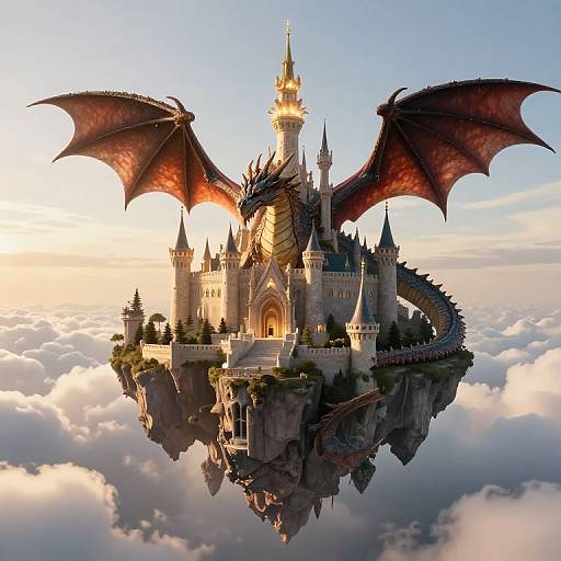 Digital illustration of a majestic castle with a dragon perched on a floating cliff, surrounded by clouds, at sunset.