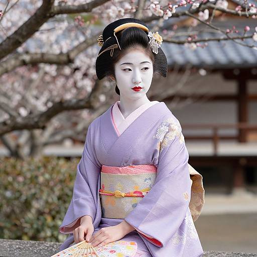 Photograph of a traditional Japanese geisha in a lavender kimono with pink obi, black hair adorned with gold hairpins, sitting outdoors under blo