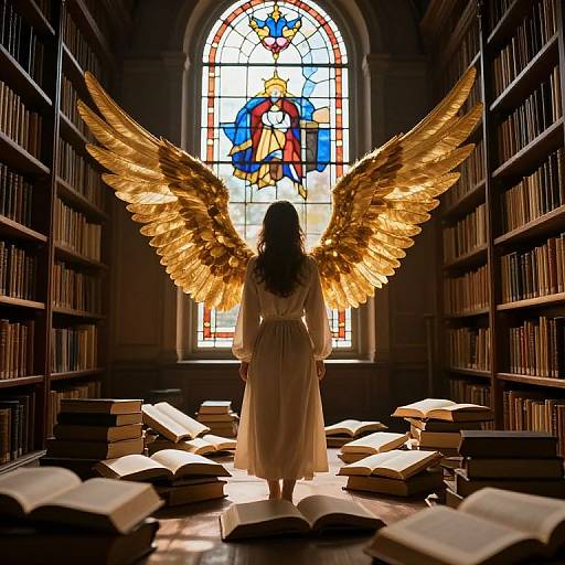 Photograph of a woman with golden wings, back to camera, standing in a library with stacked books, facing a stained glass window depicting an angel.