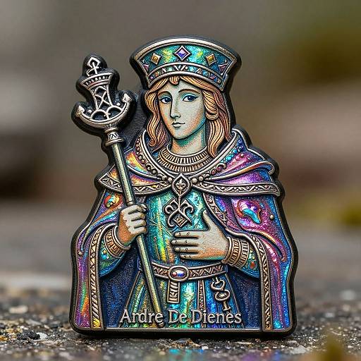 Photograph of a colorful, detailed, metallic figurine of a regal woman in medieval attire holding a staff, labeled 