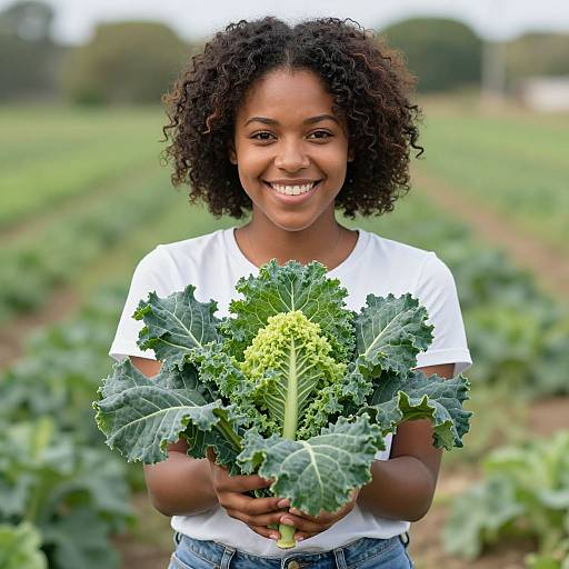 Photograph of a smiling young Black woman with curly hair holding kale in a green vegetable field, wearing a white t-shirt.