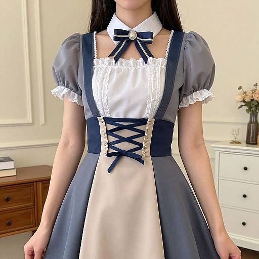 Photograph of an Asian woman in a blue and white Alice in Wonderland-style maid dress with lace trim and black ribbon bow.