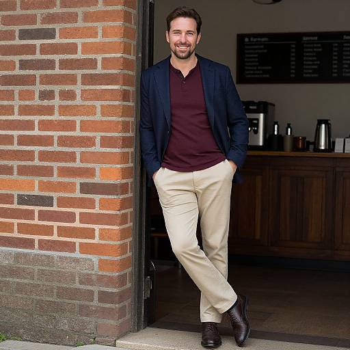 Photograph of a smiling, bearded man in a dark blazer, maroon polo, beige pants, and brown shoes, leaning against a brick