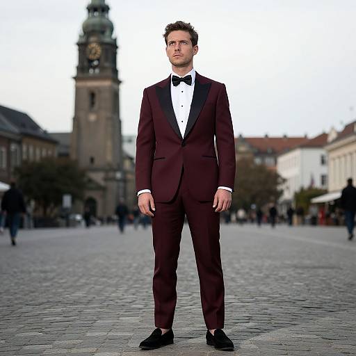Man in Burgundy Tuxedo by Clock Tower