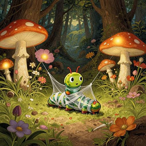 Digital illustration of a cute, green, caterpillar-like creature with antennae, sitting in a forest, spinning a web between two glowing red mushrooms,