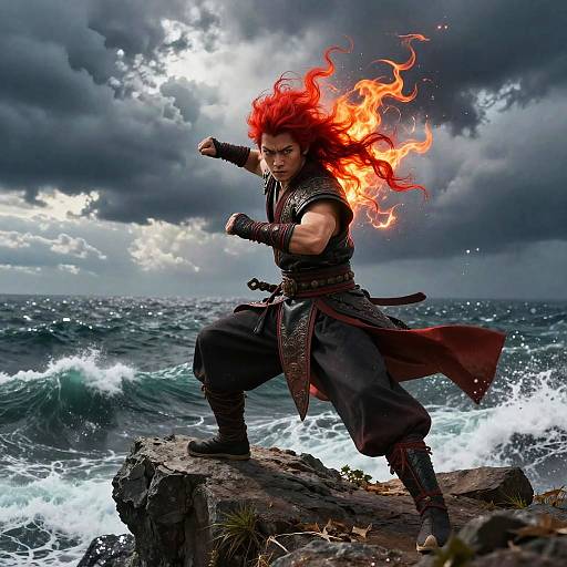 Fiery Asian Warrior on Stormy Cliff