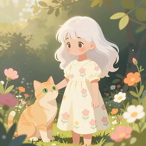 Whimsical Garden Scene with Girl and Cat
