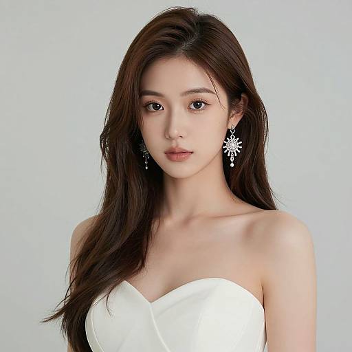 Photograph of an Asian woman with long, dark brown hair, wearing a strapless white dress and silver star-shaped earrings, against a plain light blue