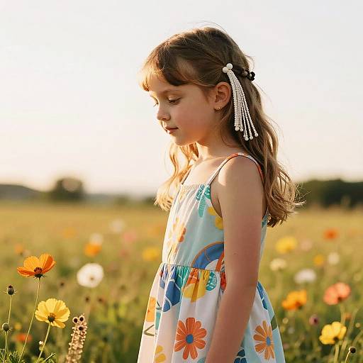 Child Girl with Side Fringe in Meadow