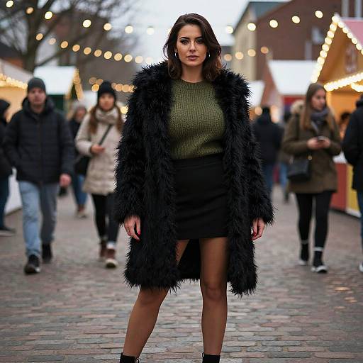 Photograph of a confident woman in a black fur coat, green sweater, and black skirt, standing on a cobblestone street at night, surrounded