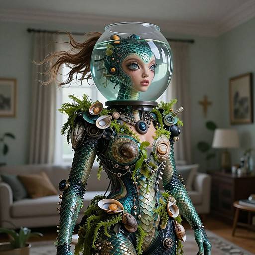 Digital art of a mermaid-like woman with green scales, wearing a glass helmet, adorned with gears and moss, in a modern living room.