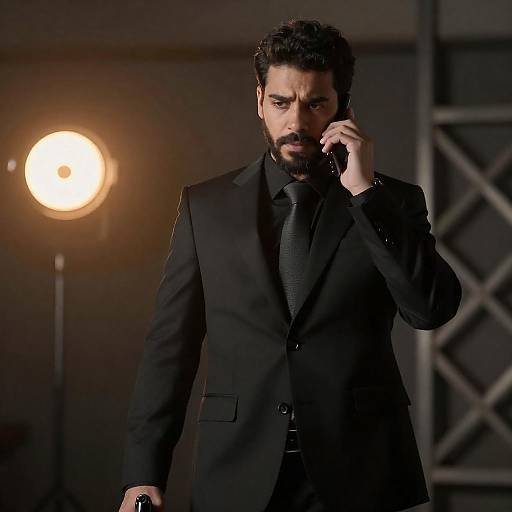 Man in Black Suit Holding Gun and Talking on Phone