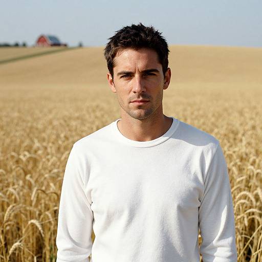 Photograph of a serious, dark-haired man in a white long-sleeve shirt standing in a golden wheat field with a distant red barn and blue