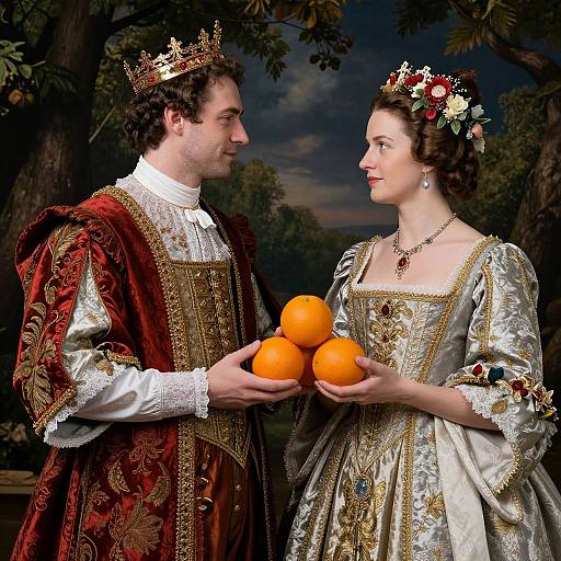 Photograph of a Renaissance-style couple in ornate gold and red velvet clothing, crowns, and floral headpieces, holding oranges against a dark,