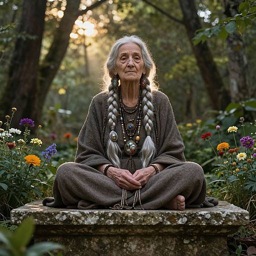Photograph of an elderly woman with long white hair in braids, wearing a brown shawl and necklaces, sitting cross-legged on a mossy