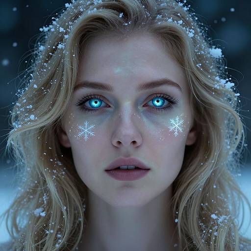 Photograph of a blonde woman with glowing blue eyes, snowflakes on her cheeks, and wavy hair, set against a snowy, dark blue