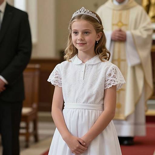 Photograph of a young blonde girl in a white lace dress and tiara, standing in a church, with clergy and a man in a suit in