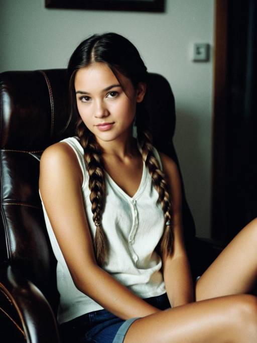 Young Woman with Braids Sitting on Leather Chair