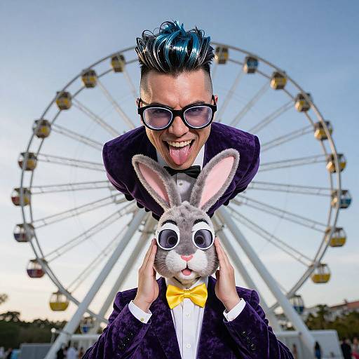 Photograph: Man with blue mohawk, black sunglasses, and purple tuxedo holds cartoonish gray bunny mask with round eyes, tongue out,