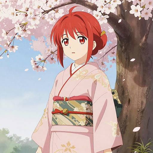 Anime-style digital artwork of a red-haired girl in a white floral kimono, standing under cherry blossom trees on a sunny day.