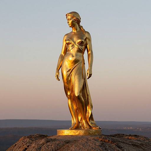 Photograph of a golden statue of a serene, Classical-style woman with flowing drapery standing on a rocky peak at sunset.