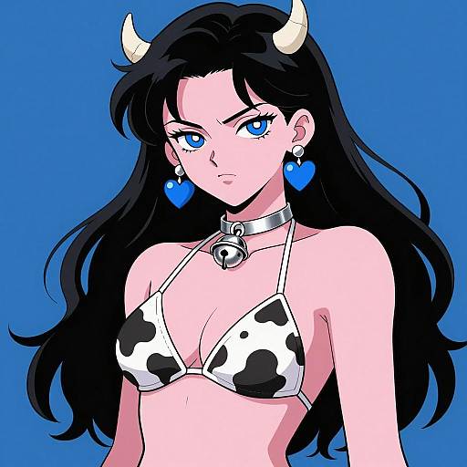 Anime Woman in Cow-Patterned Bikini with Bell Choker