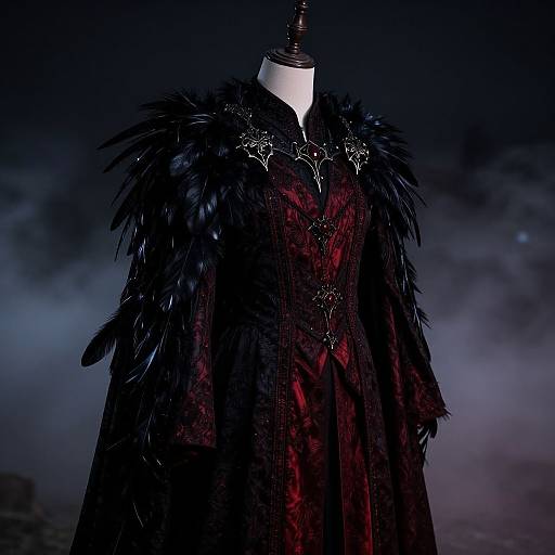 Photograph of a dark mannequin dressed in a black, feathered Gothic-style cloak with red velvet, set against a moody, blue-gray