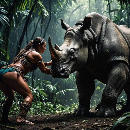 Jungle Shaman Facing Ancient Rhino Beast Jungle Shaman Facing Ancient Rhino Beast