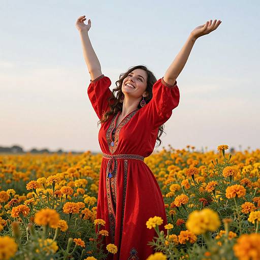 Photograph of a smiling woman with long dark hair, wearing a vibrant red dress with gold embroidery, standing joyfully in a vast yellow marigold