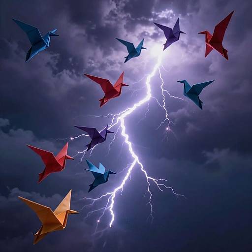 Digital artwork of colorful origami birds soaring around a vivid lightning bolt against a stormy, dark purple sky. Birds in red, blue, and yellow