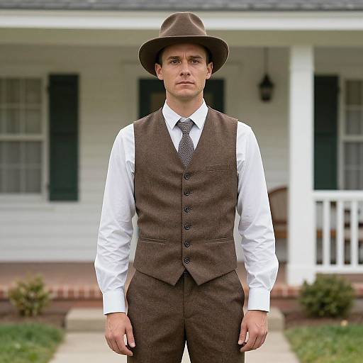 Photograph of a serious-looking young man in a brown vest, white shirt, gray tie, and brown hat standing in front of a white house with