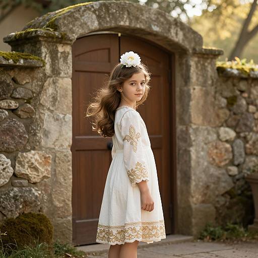 Elegant Girl in Sunlit Courtyard