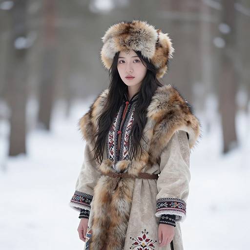 Photograph of an East Asian woman with long black hair, wearing a fur-trimmed white robe and fur hat, standing in a snowy forest.