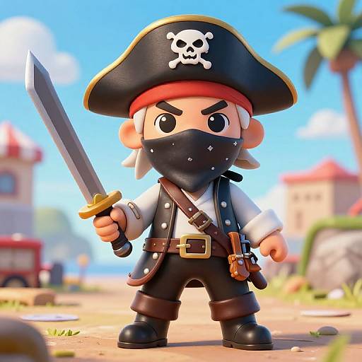 CGI image of a chibi pirate with a skull and crossbones hat, black mask, and sword, standing on a sunny beach.