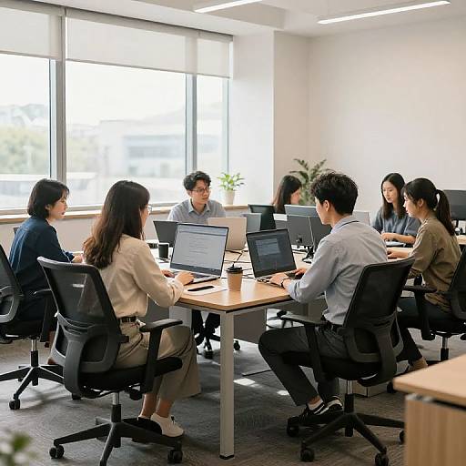 Photograph of seven diverse office employees, three men and four women, in a bright, modern conference room, working on laptops around a wooden table.