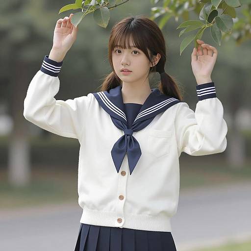 Asian Girl in Sailor School Uniform Outdoors