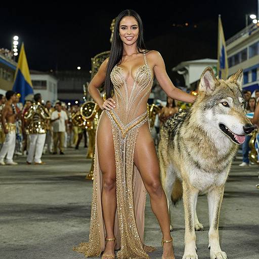 Photograph of a smiling woman with long black hair in a revealing, gold-beaded, sheer dress, standing beside a large, white and brown wolf